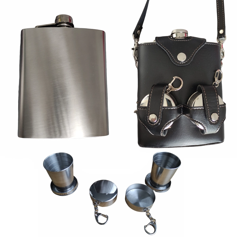 LICORERA ACERO INOXIDABLE 18 OZ SANTOFA ELECTRONICS CON FORRO CUERO CON 2 VASOS NEGRA - 1