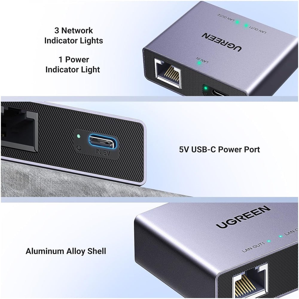 SPLITTER ETHERNET GIGABIT UGREEN NW301 1 A 2 PUERTOS RJ45 1000 MBPS – 45311 SANTOFA ELCTRONICS S1521 - 8