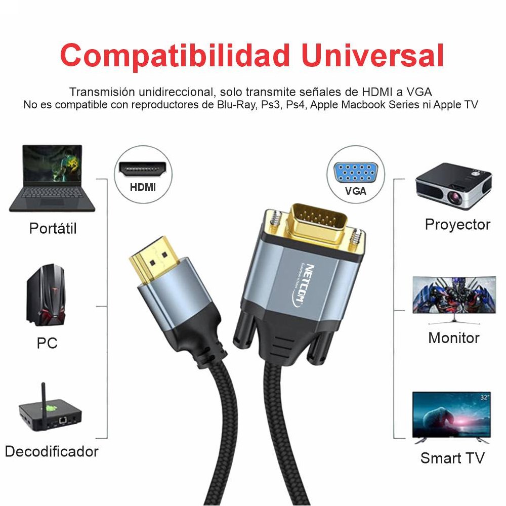 CABLE HDMI A VGA NETCOM 1080P FULL HD PREMIUM 1.8 METROS SANTOFA ELECTRONICS S1958 - 5