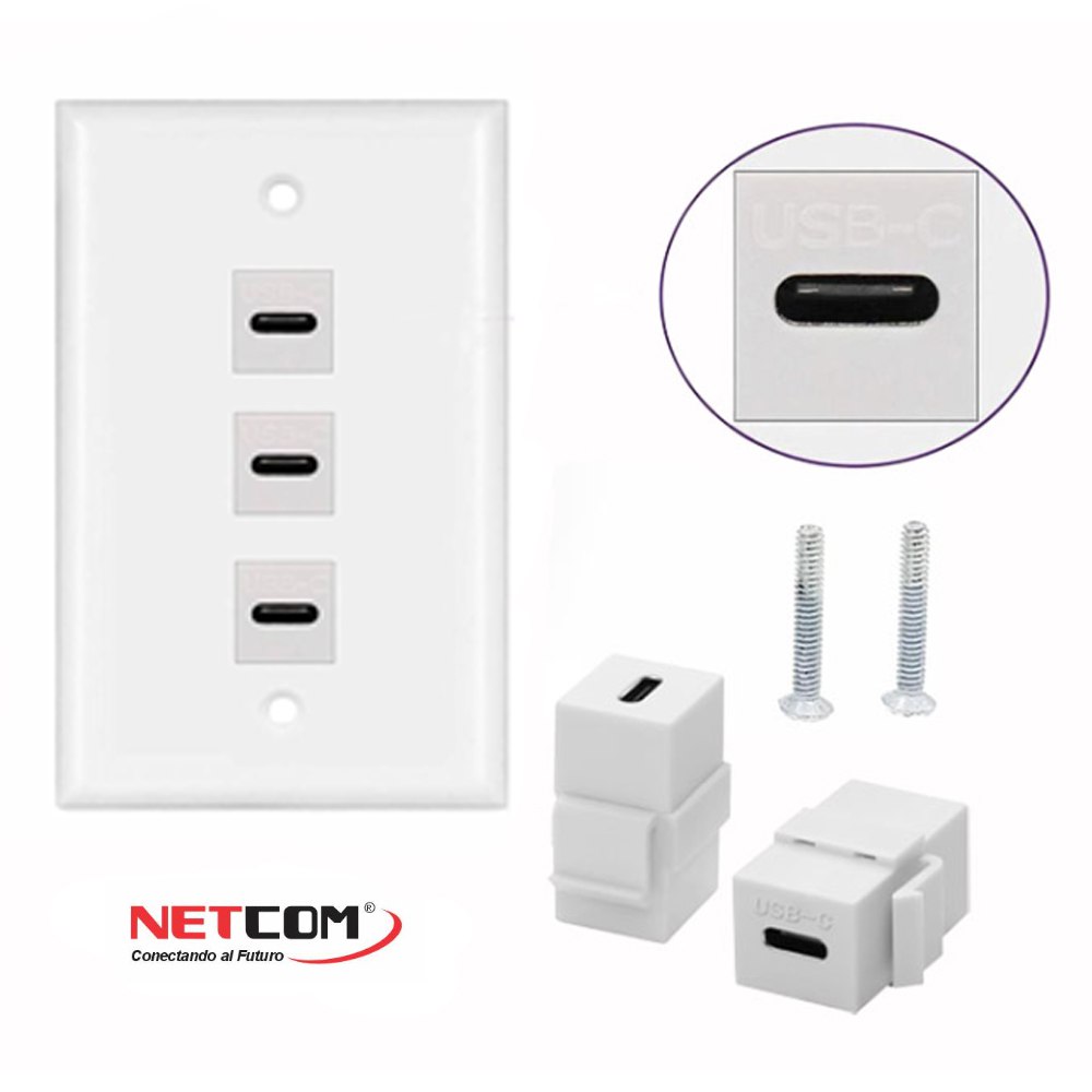 PLACA DE PARED ABS 3 PUERTOS USB C TIPO C FACEPLATE HEMBRA A HEMBRA NETCOM SANTOFA ELECTRONICS S1967 - 3