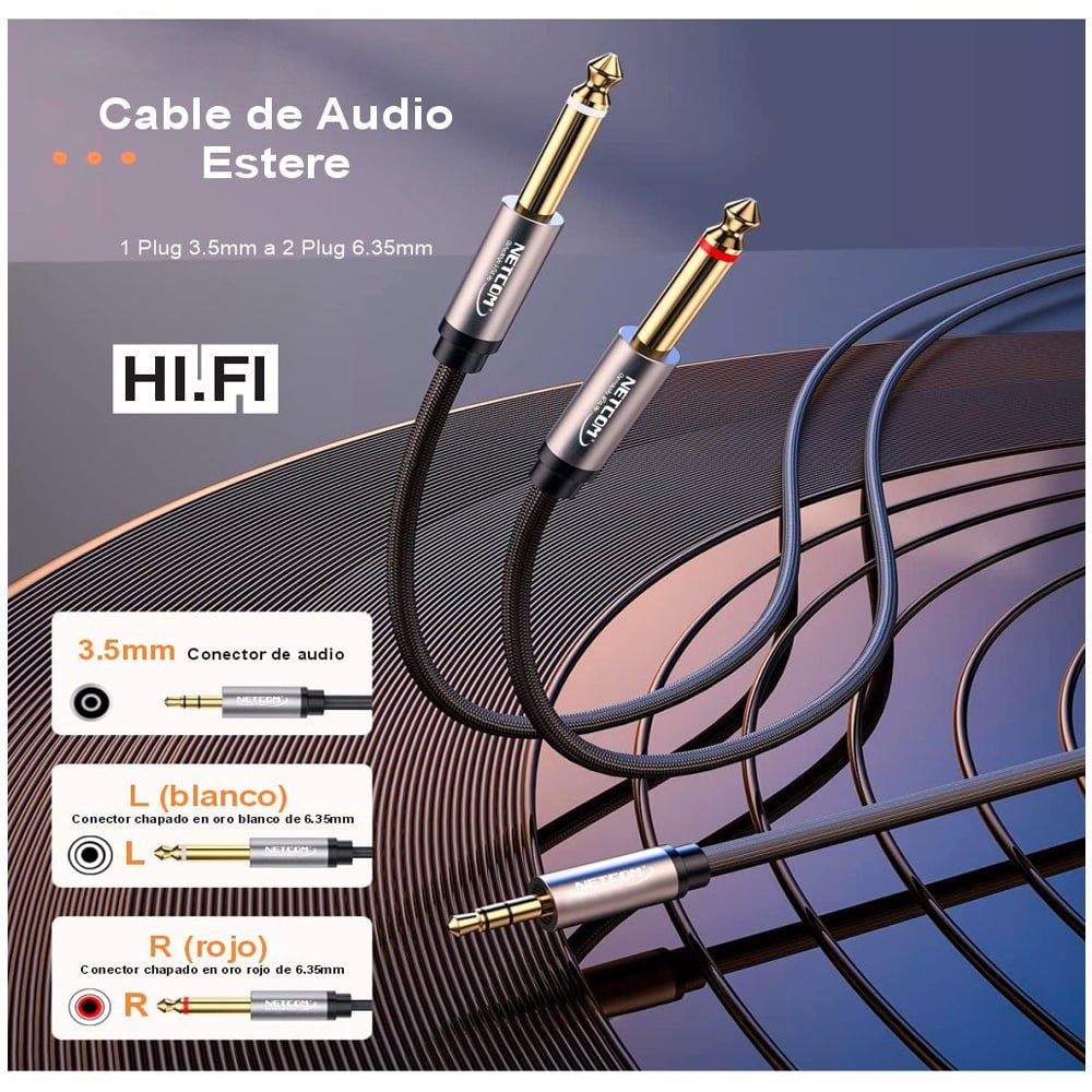 CABLE DE AUDIO 1 PLUG 3.5MM MACHO A 2 PLUG 6.35MM MACHO 5 MTS SANTOFA ELECTRONICS S1971 - 7