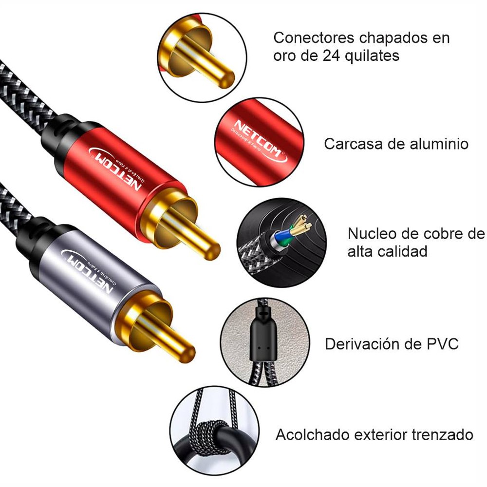 CABLE DE AUDIO 2 RCA A 2 RCA MACHO 1.8 METROS NETCOM SANTOFA ELECTRONICS S1973 - 4
