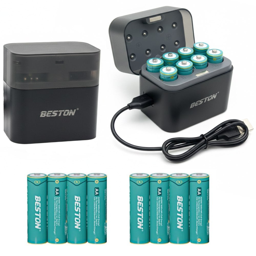 CARGADOR DE PILAS RECARGABLES BESTON HÍBRIDO + 8 BATERÍAS AA LI-ION SANTOFA ELECTRONICS S2002 - 2