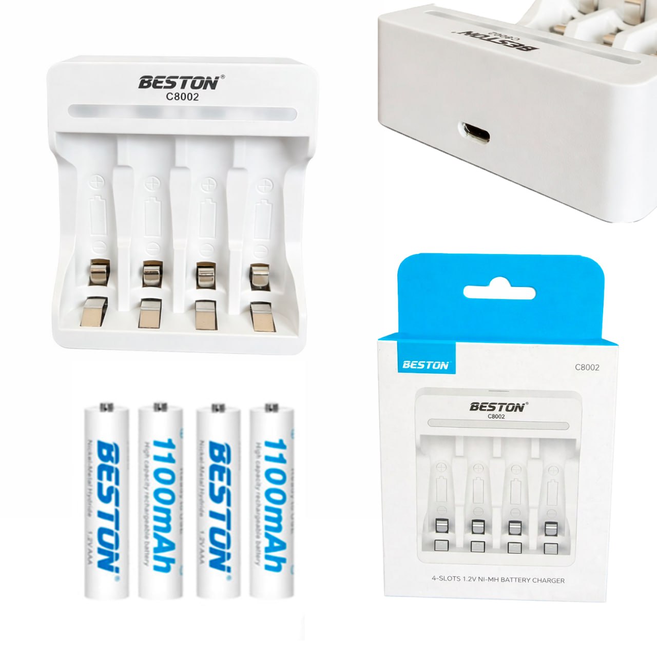 KIT CARGADOR INTELIGENTE DE PILAS + 4 AAA NI-MH 4 PUESTOS BESTON C8002 SANTOFA ELECTRONICS S2021 - 2