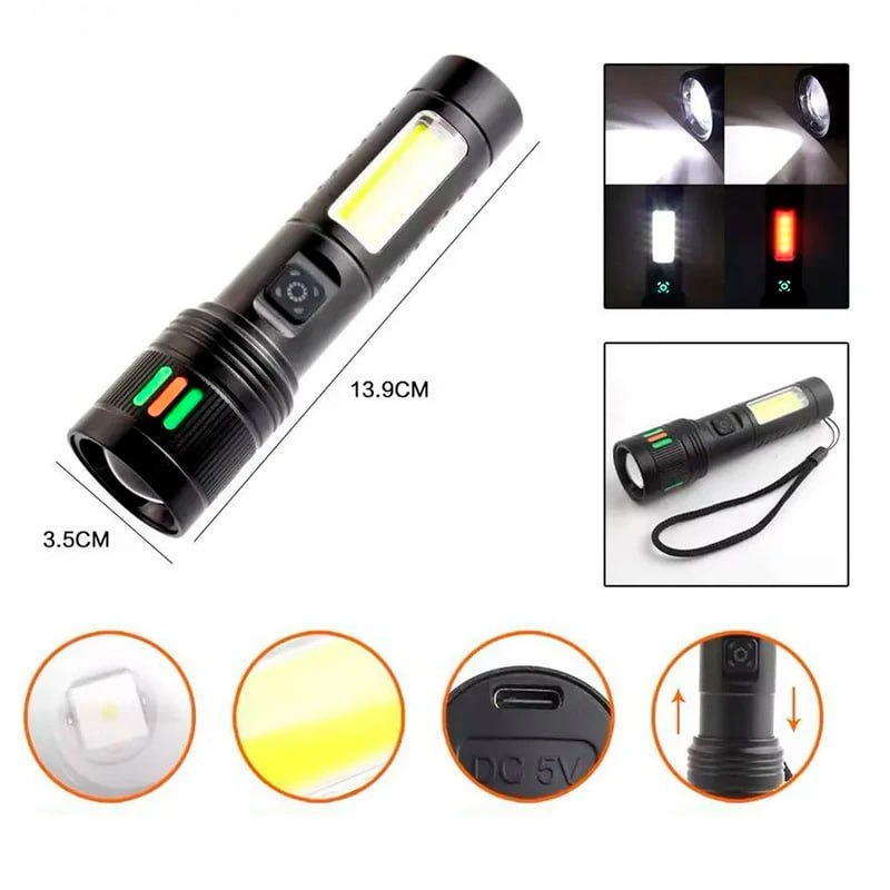 LINTERNA TÁCTICA LED RECARGABLE USB CON LUZ LATERAL COB SANTOFA ELECTRONICS S2030 - 4