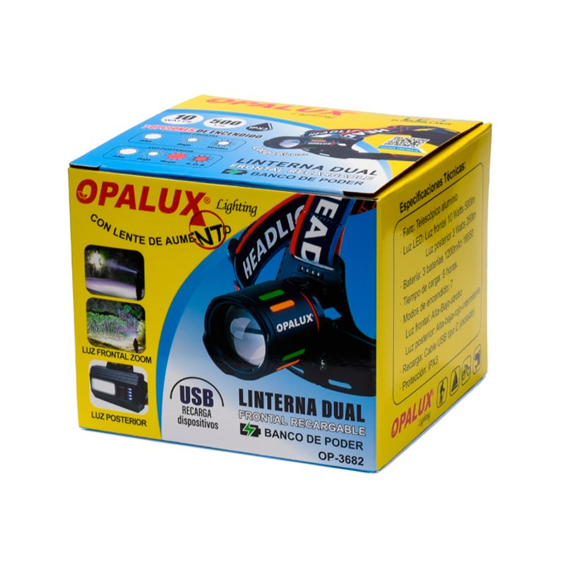 LINTERNA FRONTAL RECARGABLE OPALUX 10W DUAL CON ZOOM 7 MODOS 18650 IPX3 SANTOFA ELECTRONICS S2034 - 6