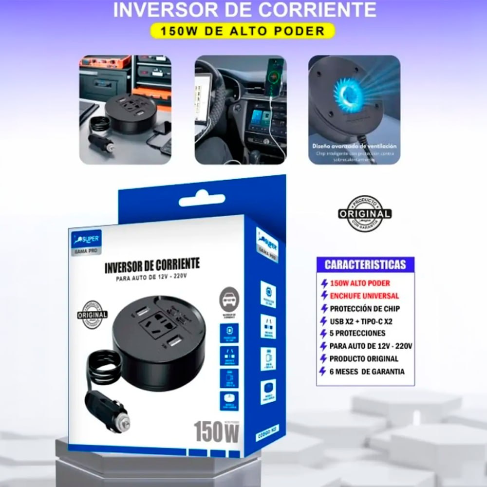 INVERSOR DE CORRIENTE PARA AUTO 150W 12V A 220V CON USB Y TIPO-C SANTOFA ELECTRONICS S2080 - 8