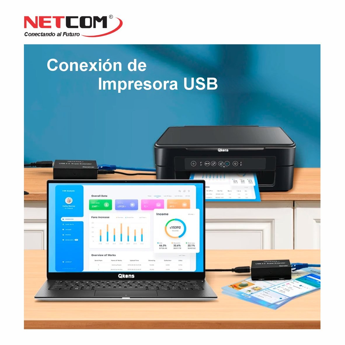 KIT EXTENSOR USB 2.0 DE 4 PUERTOS POR CABLE DE RED RJ45 HASTA 60 METROS NETCOM SANTOFA LECTRONICS S2081 - 9