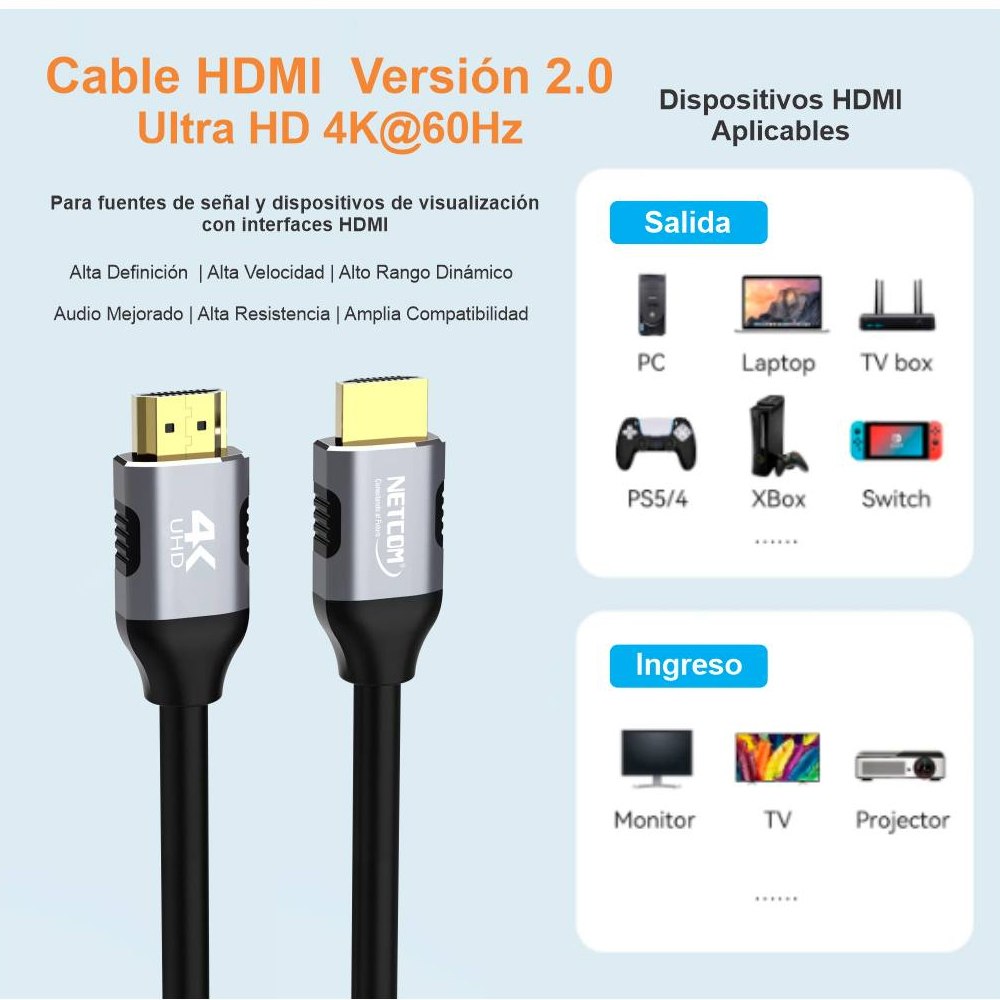 CABLE HDMI 2.0 25 METROS NETCOM ULTRA HD 3D 4K 60HZ 2160P PVC SANTOFA ELECTRONICS S2108 - 8