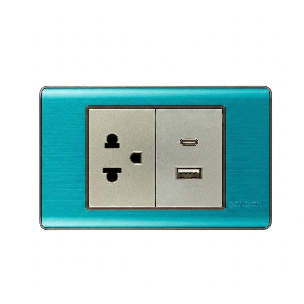 PLACA TOMACORRIENTE DE PARED CON ENCHUFE USB Y TIPO-C ABATRON 15 AMP SANTOFA ELECTRONICS S2093 - 1