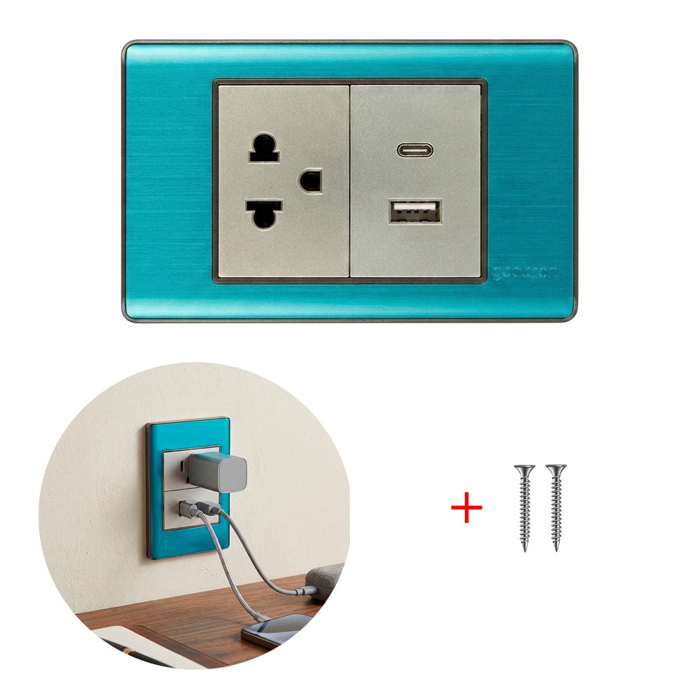 PLACA TOMACORRIENTE DE PARED CON ENCHUFE USB Y TIPO-C ABATRON 15 AMP SANTOFA ELECTRONICS S2093 - 4