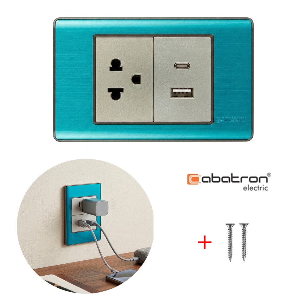 PLACA TOMACORRIENTE DE PARED CON ENCHUFE USB Y TIPO-C ABATRON 15 AMP SANTOFA ELECTRONICS S2093 - 6