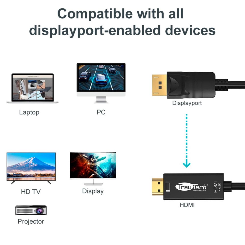CABLE CONVERTIDOR DISPLAYPORT A HDMI 4K@30HZ TRAUTECH 1.8 METROS SANTOFA ELECTRONICS S2101 - 3
