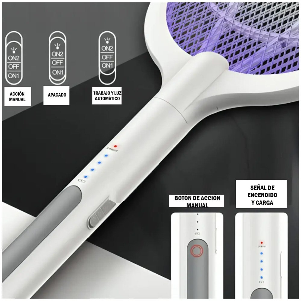 RAQUETA ELÉCTRICA ANTIMOSQUITOS 2 EN 1 CON LÁMPARA UV Y BASE DE CARGA SANTOFA ELECTRONICS S2102 - 8