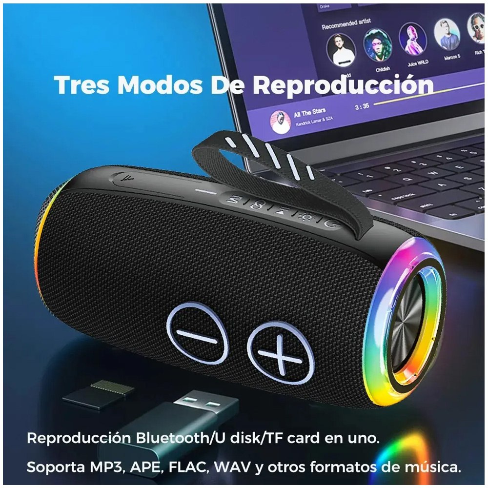 PARLANTE PORTÁTIL BLUETOOTH BOOMS380 X-BASS IMPERMEABLE IPX6 CON LUCES RGB SANTOFA ELECTRONICS S2155 - 9