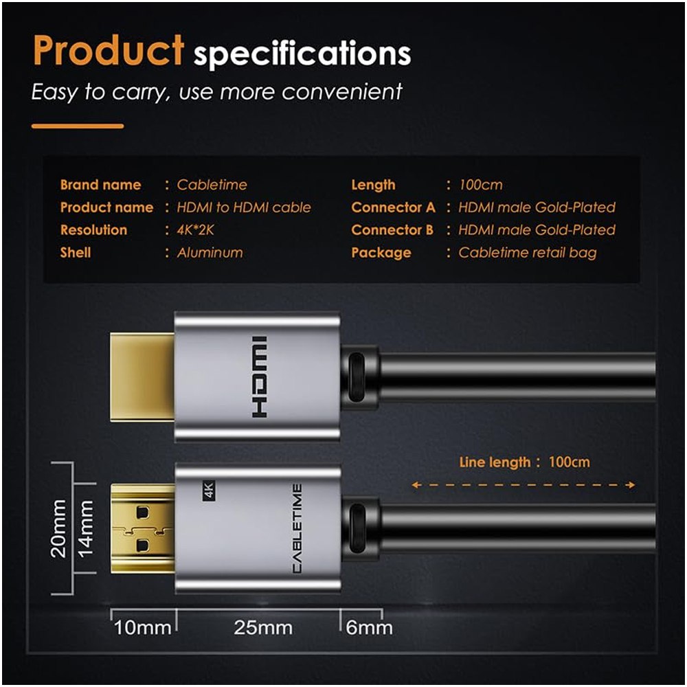 CABLE HDMI 2.0 PREMIUM 4K A 60HZ 18GBPS CABLETIME DE ALTA VELOCIDAD 1 METRO SANTOFA ELECTRONICS S2176 - 10