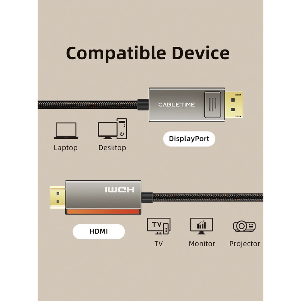 CABLE UNIDIRECCIONAL DISPLAYPORT 1.4 A HDMI 2.1 DE 8K 60HZ 4K 120HZ 2 METROS CABLETIME SANTOFA ELECTRONICS S2192 - 5