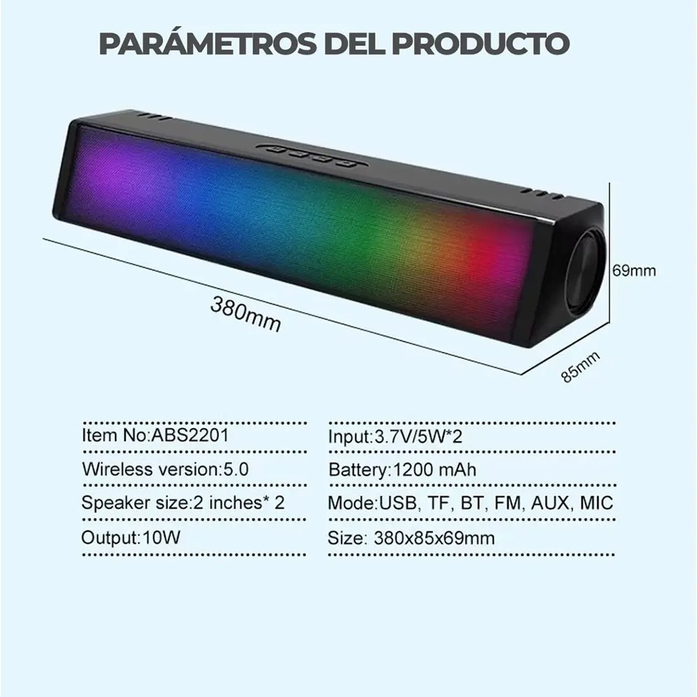 PARLANTE PORTÁTIL BLUETOOTH SOUNDBAR 10W CON LUCES RGB Y FUNCIÓN TWS SANTOFA ELECTRONICS S2157 - 8