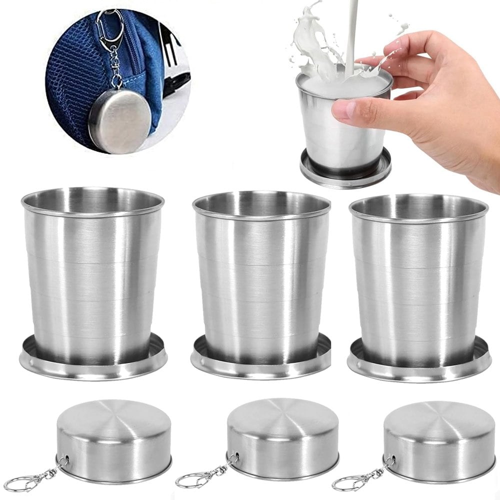 3 VASOS PLEGABLES DE ACERO INOXIDABLE 250ML CON LLAVERO SANTOFA ELECTRONICS  S2237 - 1