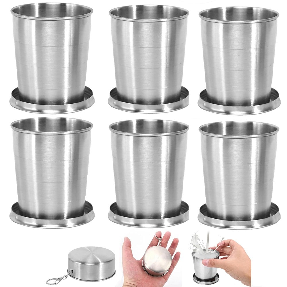 6 VASOS PLEGABLES DE ACERO INOXIDABLE 8.5CM CON LLAVERO REUTILIZABLE 250ML SANTOFA ELECTRONICS S2238 - 1