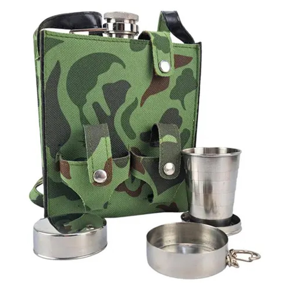 LICORERA PETACA DE ACERO INOXIDABLE DE 18 OZ CON 2 VASOS PLEGABLES Y FUNDA CAMUFLADA SANTOFA ELECTRONICS S2161 - 1