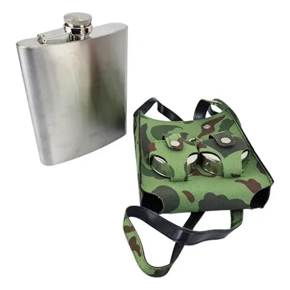 LICORERA PETACA DE ACERO INOXIDABLE DE 18 OZ CON 2 VASOS PLEGABLES Y FUNDA CAMUFLADA SANTOFA ELECTRONICS S2161 - 2