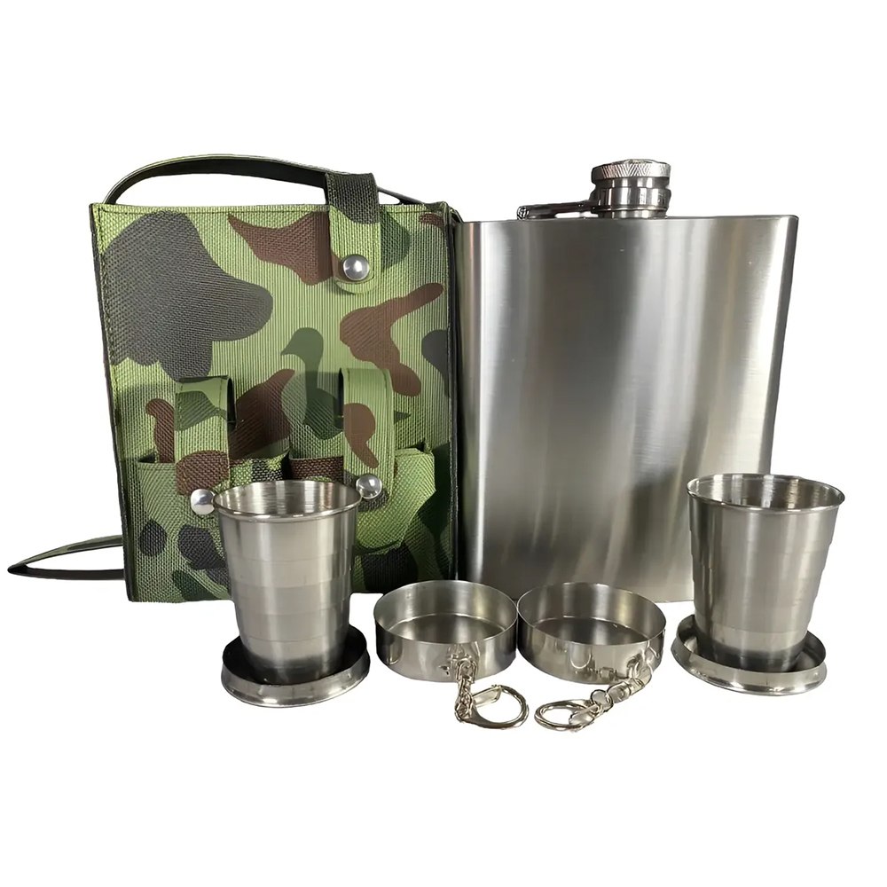 LICORERA PETACA DE ACERO INOXIDABLE DE 18 OZ CON 2 VASOS PLEGABLES Y FUNDA CAMUFLADA SANTOFA ELECTRONICS S2161 - 3