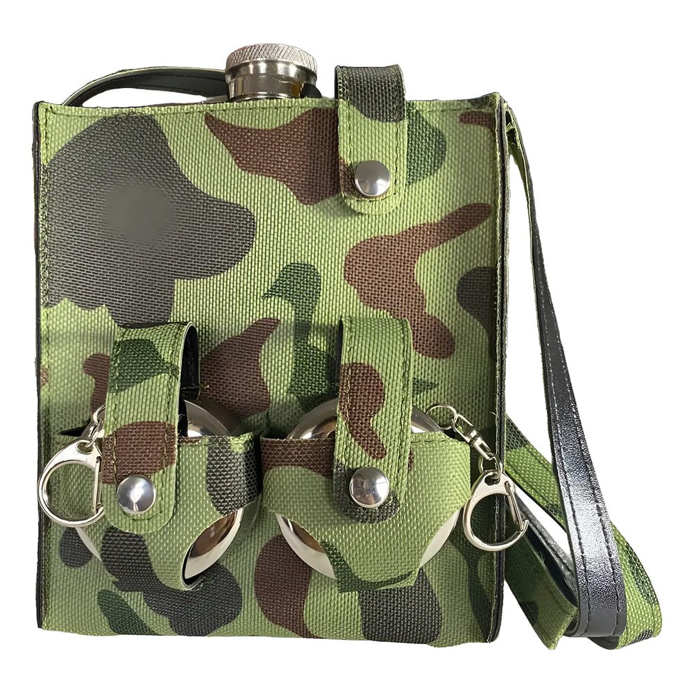 LICORERA PETACA DE ACERO INOXIDABLE DE 18 OZ CON 2 VASOS PLEGABLES Y FUNDA CAMUFLADA SANTOFA ELECTRONICS S2161 - 4