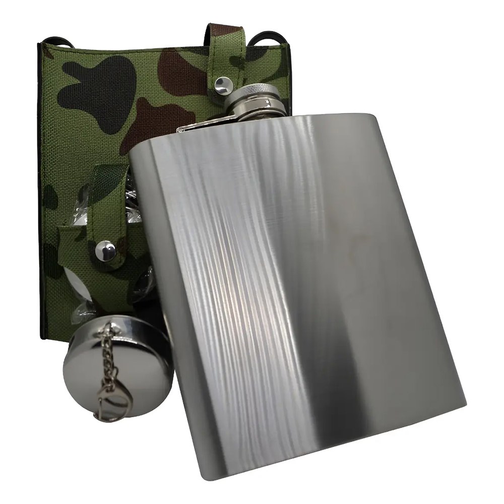 LICORERA PETACA DE ACERO INOXIDABLE DE 18 OZ CON 2 VASOS PLEGABLES Y FUNDA CAMUFLADA SANTOFA ELECTRONICS S2161 - 6