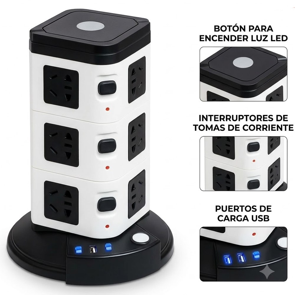 TORRE VERTICAL EXTENSIÓN ELÉCTRICA 12 TOMAS + 3 USB 2500W SANTOFA ELECTRONICS S2162 - 4