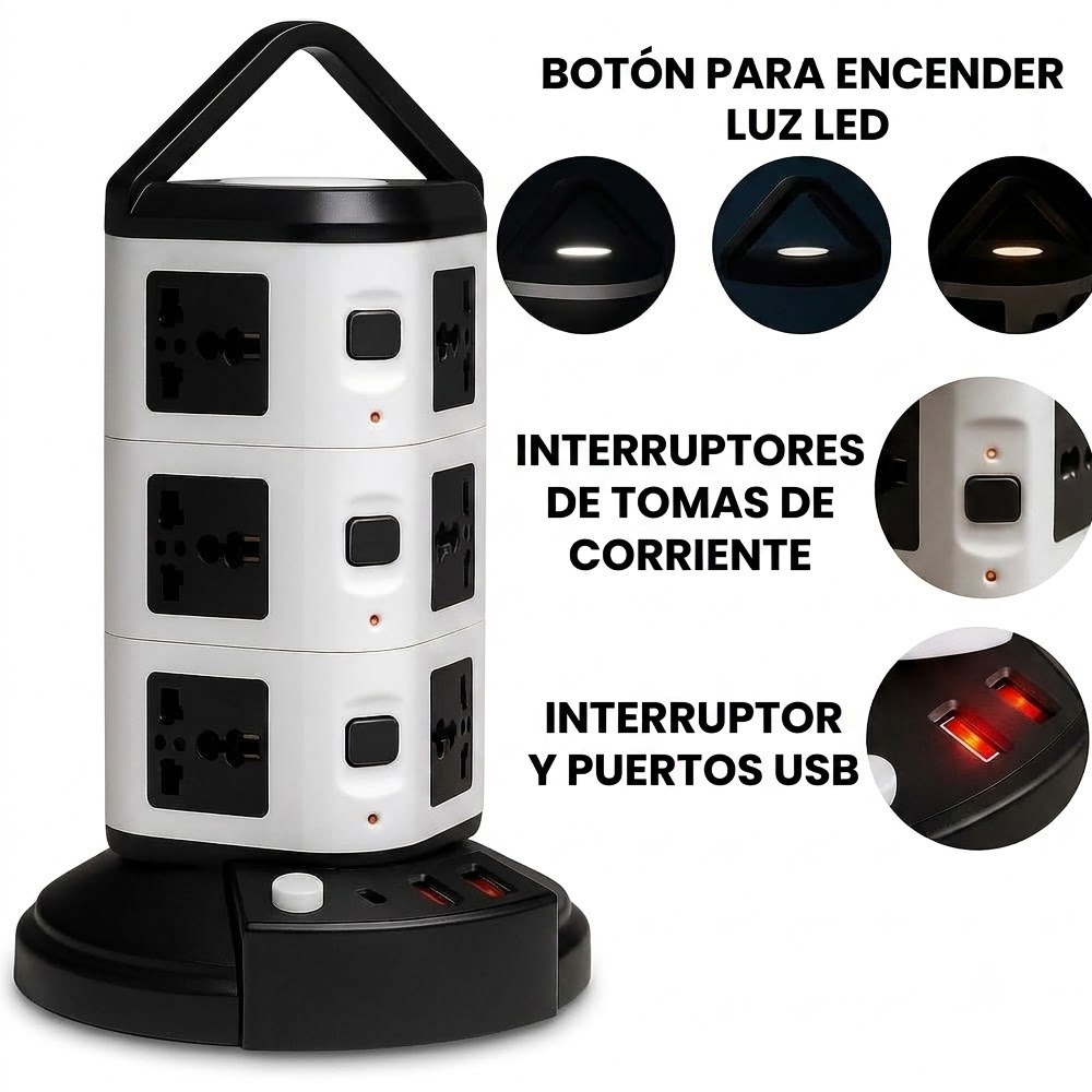 TORRE VERTICAL EXTENSIÓN ELÉCTRICA 12 TOMAS + 3 USB 2500W SANTOFA ELECTRONICS S2162 - 5