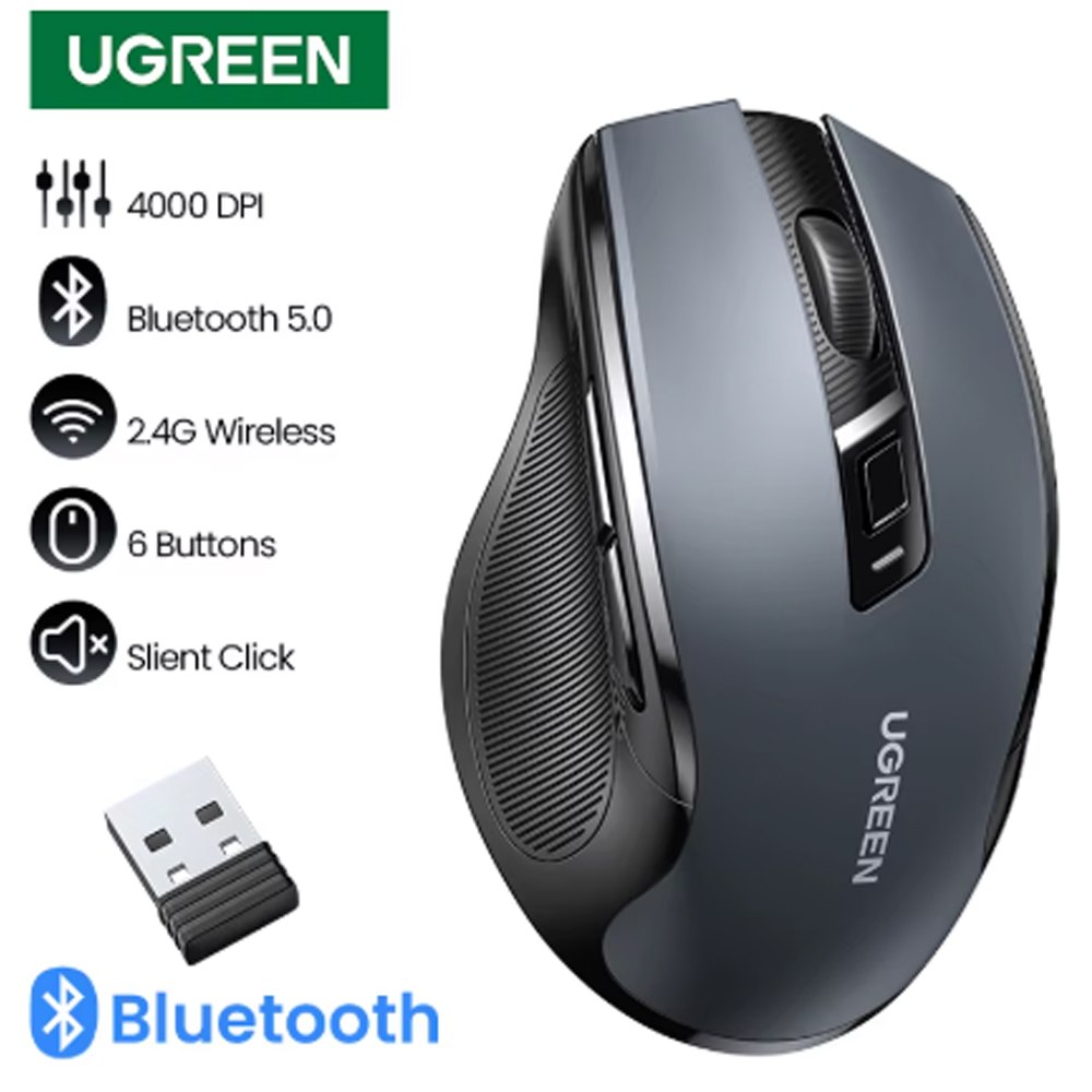 MOUSE INALÁMBRICO ERGONÓMICO UGREEN MU006 DUAL 2.4G + BLUETOOTH 5.0 4000 DPI SILENCIOSO NEGRO 90855 SANTOFA ELECTRONICS S2214 - 2