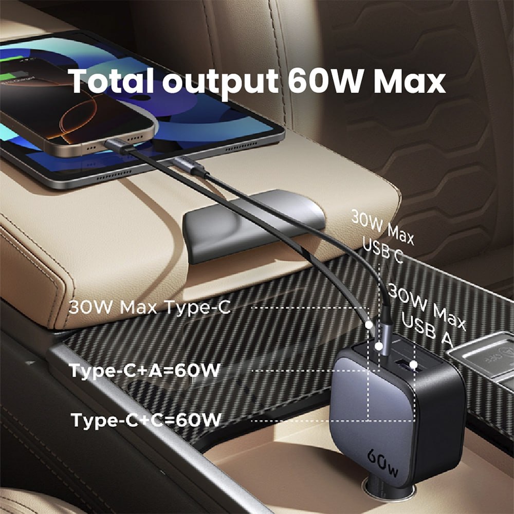 CARGADOR DE AUTO UGREEN 60W CON CABLE RETRÁCTIL USB-C USB-A Y USB-C 55212B SANTOFA ELECTRONICS S2215 - 10