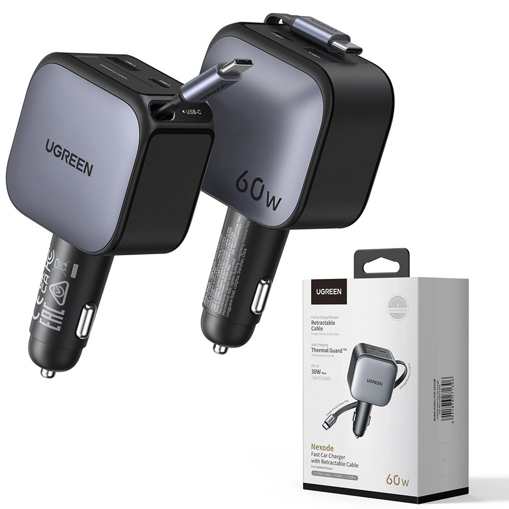CARGADOR DE AUTO UGREEN 60W CON CABLE RETRÁCTIL USB-C USB-A Y USB-C 55212B SANTOFA ELECTRONICS S2215 - 2