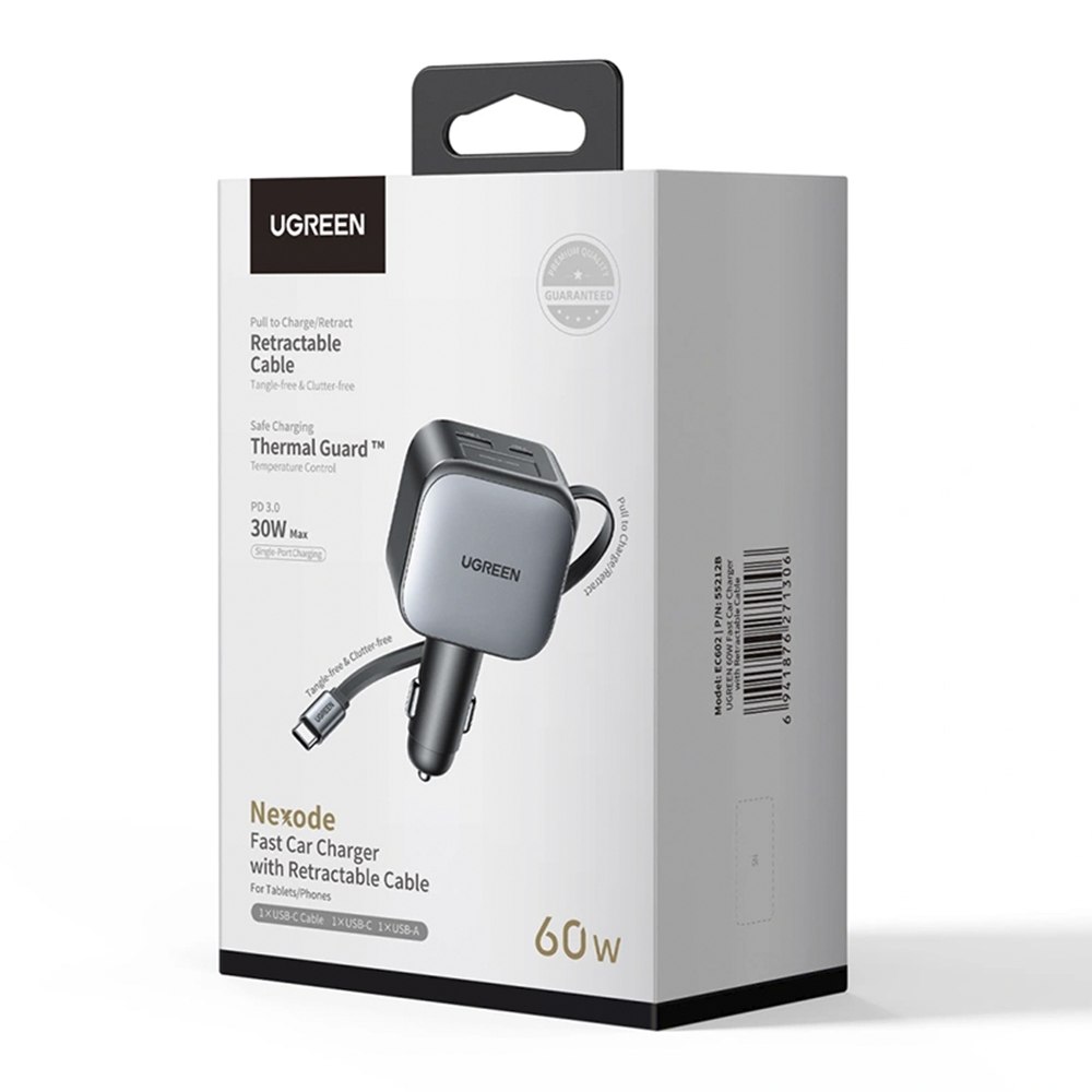 CARGADOR DE AUTO UGREEN 60W CON CABLE RETRÁCTIL USB-C USB-A Y USB-C 55212B SANTOFA ELECTRONICS S2215 - 3