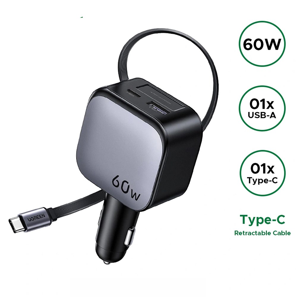 CARGADOR DE AUTO UGREEN 60W CON CABLE RETRÁCTIL USB-C USB-A Y USB-C 55212B SANTOFA ELECTRONICS S2215 - 4
