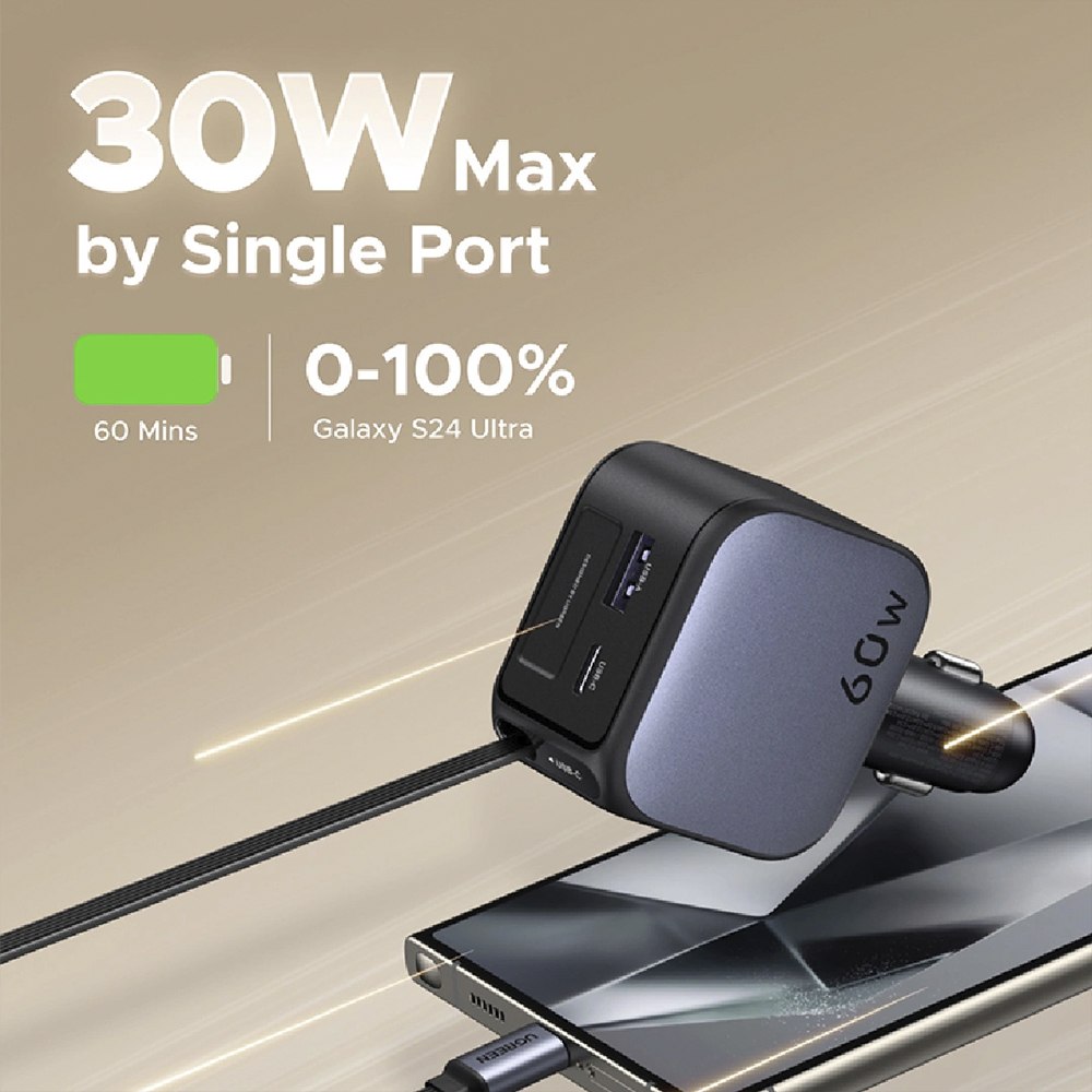 CARGADOR DE AUTO UGREEN 60W CON CABLE RETRÁCTIL USB-C USB-A Y USB-C 55212B SANTOFA ELECTRONICS S2215 - 5
