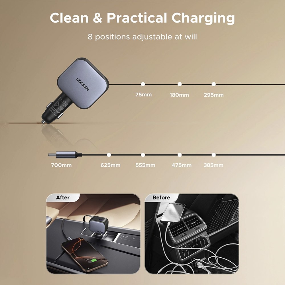 CARGADOR DE AUTO UGREEN 60W CON CABLE RETRÁCTIL USB-C USB-A Y USB-C 55212B SANTOFA ELECTRONICS S2215 - 9