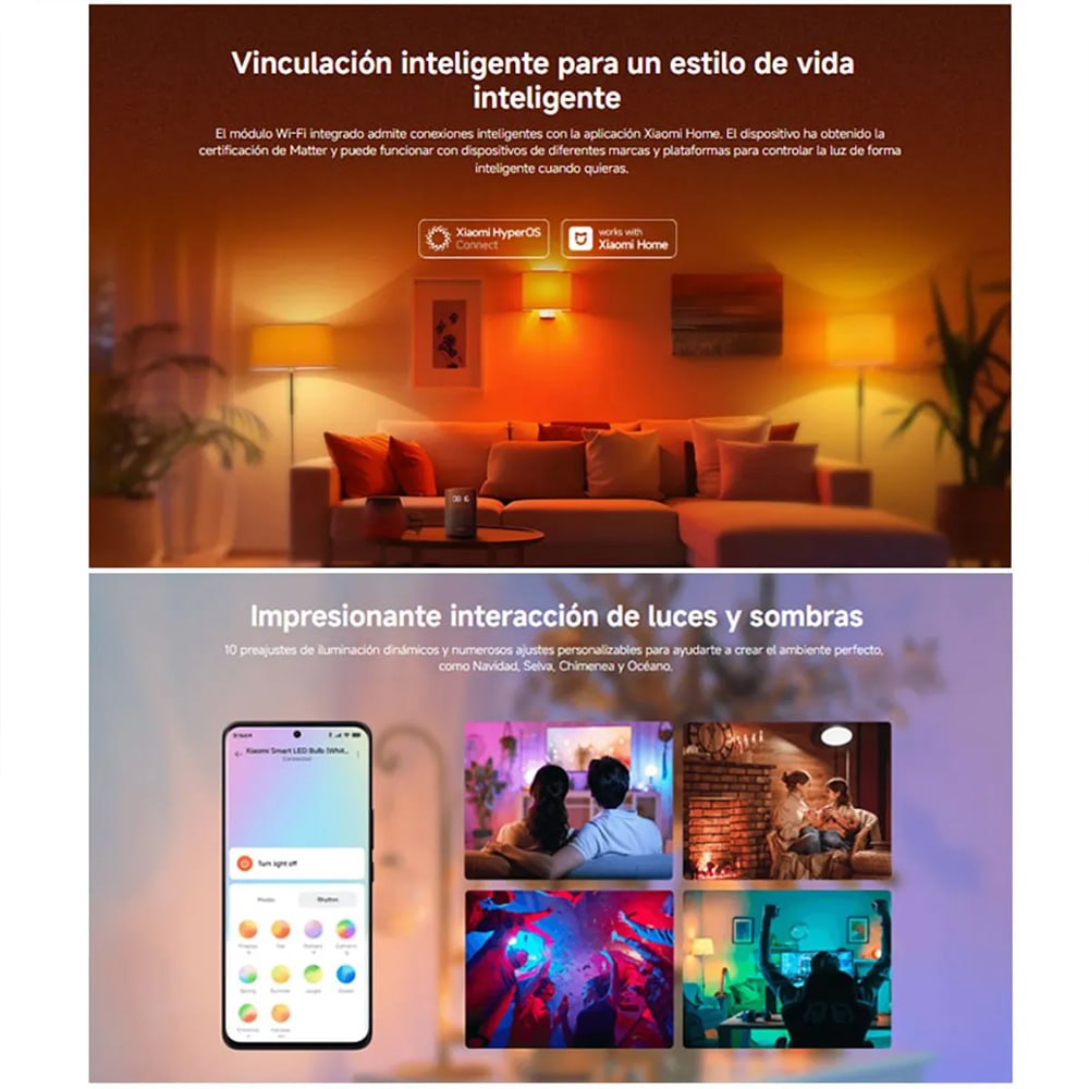 FOCO INTELIGENTE XIAOMI LED E27 RGB WHITE Y COLOR 806 LÚMENES COMPATIBLE CON MATTER ALEXA GOOGLE HOME  SANTOFA ELECTRONICS S2232 - 6