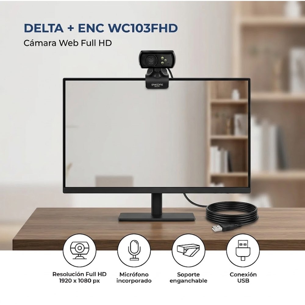 CÁMARA WEB FULL HD ENKORE DELTA+ ENC WC103 1080P 30FPS 3 LEDS MICRÓFONO USB PLUG Y PLAY SANTOFA ELECTRONICS S2249 - 6