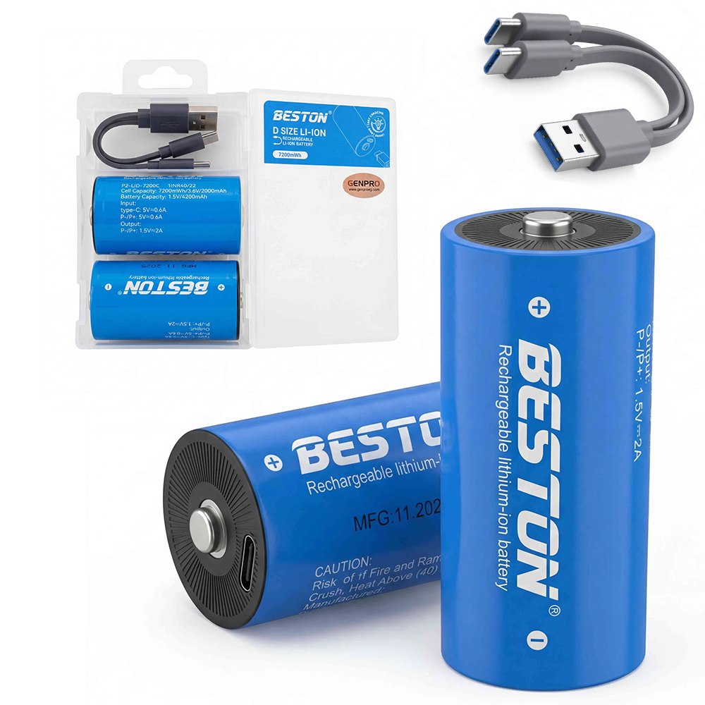 PILAS RECARGABLES TIPO D BESTON DE LITIO USB-C 1.5V 7200MWH 4200MAH PACK X2 SANTOFA ELECTRONICS S2250 - 2