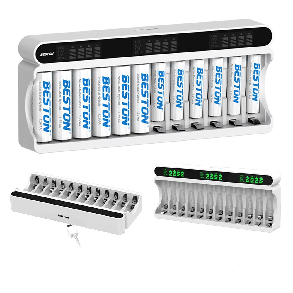 CARGADOR INTELIGENTE BESTON AA AAA NI-MH 12 RANURAS LCD USB-C MICRO USB C9025 SANTOFA ELECTRONICS S2251 - 3