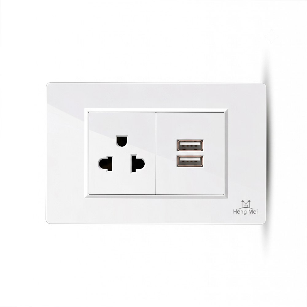 TOMACORRIENTE DE PARED UNIVERSAL HENG MEI 15A 127V-250V CON 2 USB-A – BLANCO SANTOFA ELECTRONICS S2254 - 1