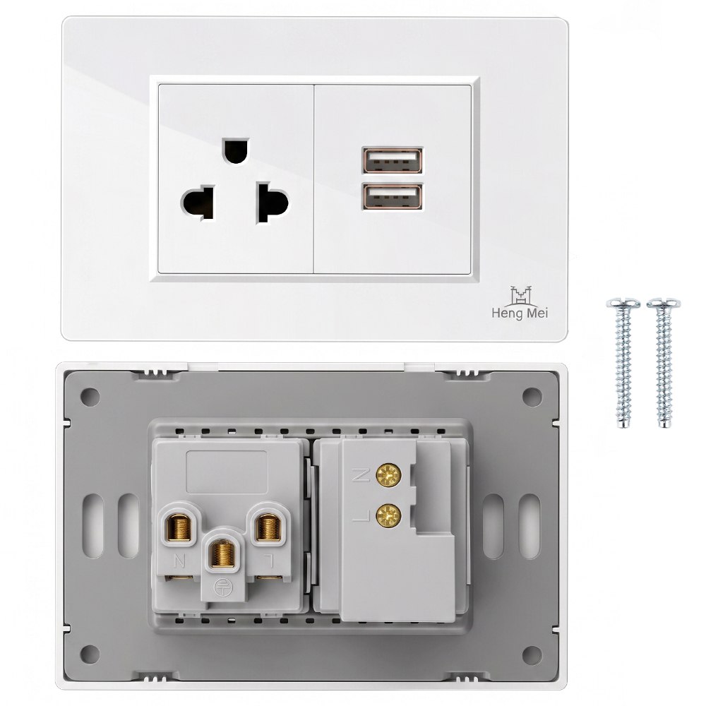 TOMACORRIENTE DE PARED UNIVERSAL HENG MEI 15A 127V-250V CON 2 USB-A – BLANCO SANTOFA ELECTRONICS S2254 - 2
