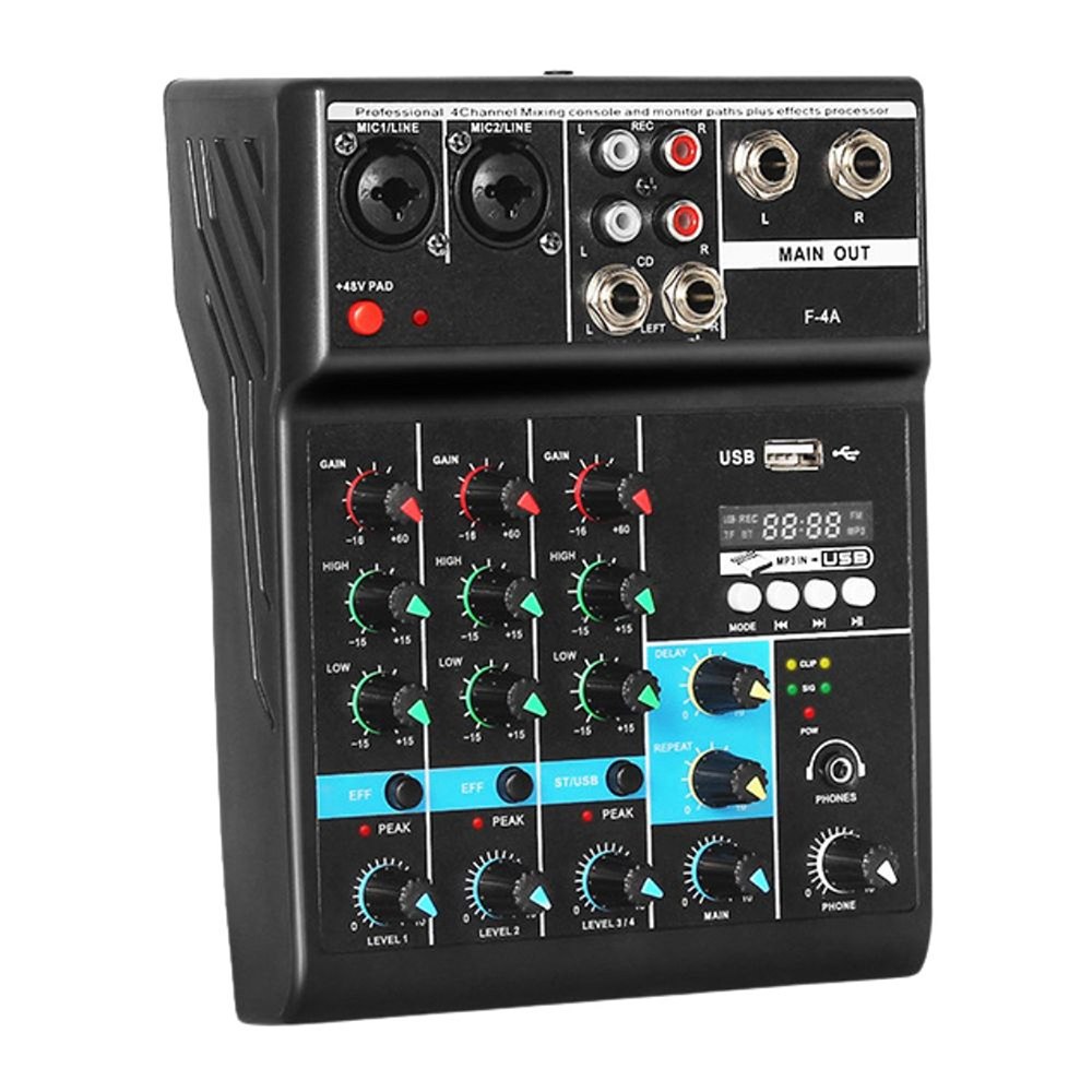 CONSOLA MEZCLADORA DE AUDIO PROFESIONAL F-4A 4 CANALES BLUETOOTH USB PHANTOM +48V TARJETA DE SONIDO – SANTOFA ELECTRONICS S2256 - 1