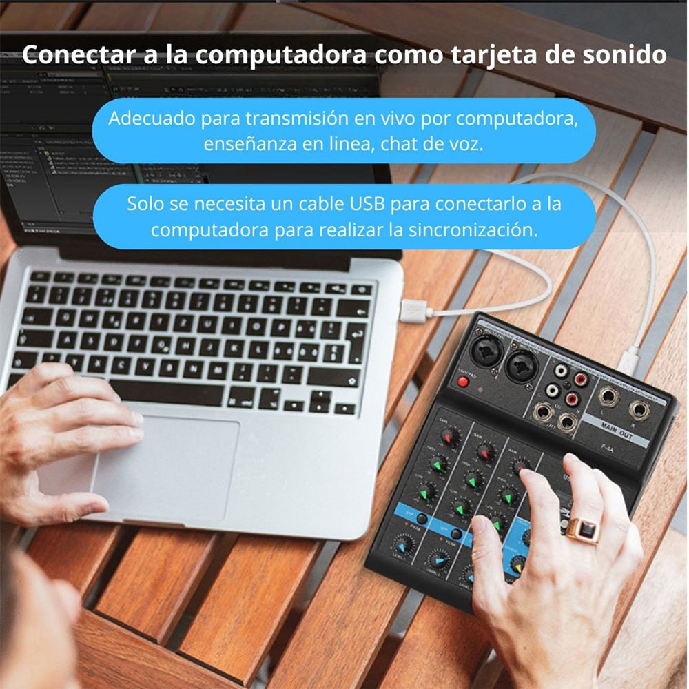 CONSOLA MEZCLADORA DE AUDIO PROFESIONAL F-4A 4 CANALES BLUETOOTH USB PHANTOM +48V TARJETA DE SONIDO – SANTOFA ELECTRONICS S2256 - 10
