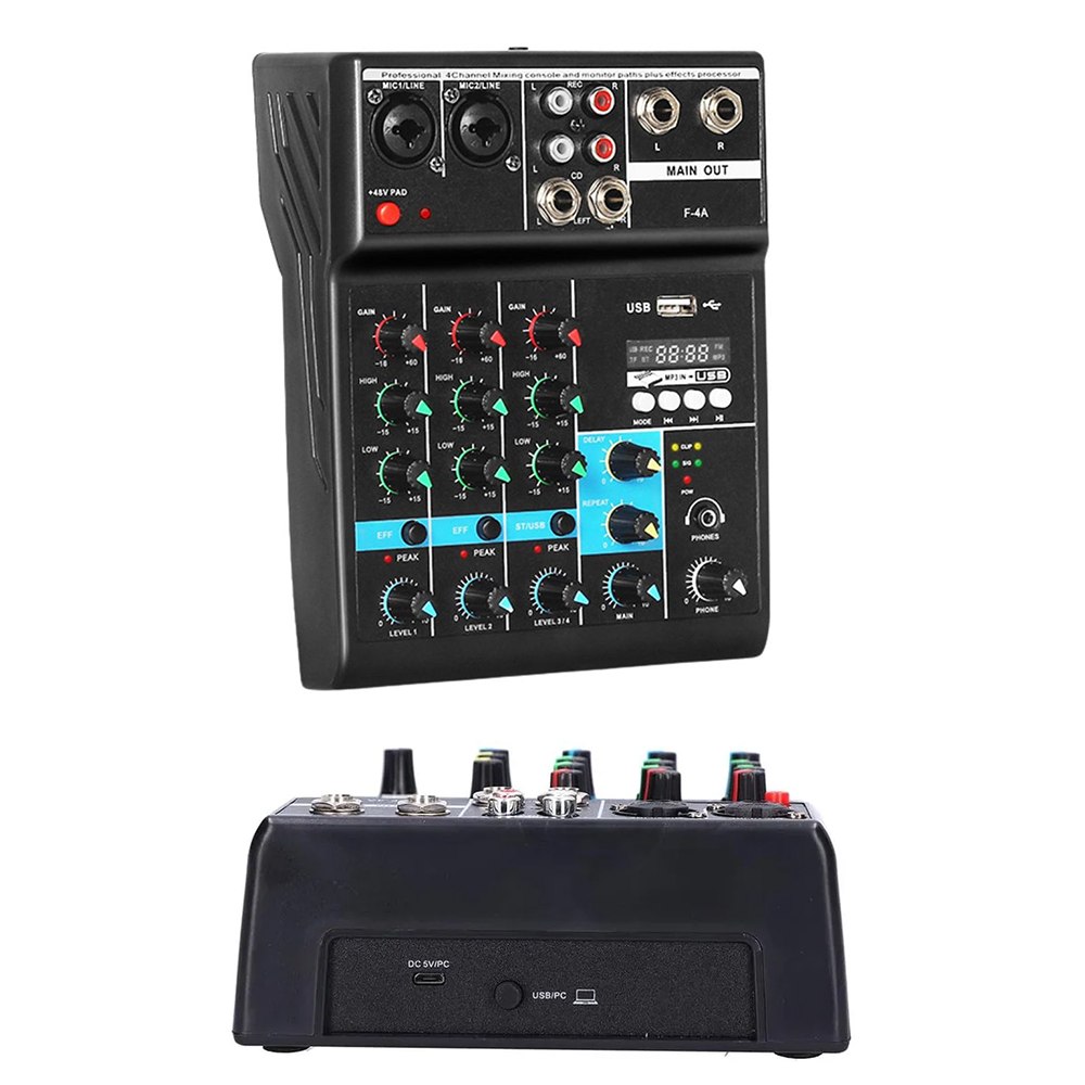 CONSOLA MEZCLADORA DE AUDIO PROFESIONAL F-4A 4 CANALES BLUETOOTH USB PHANTOM +48V TARJETA DE SONIDO – SANTOFA ELECTRONICS S2256 - 2