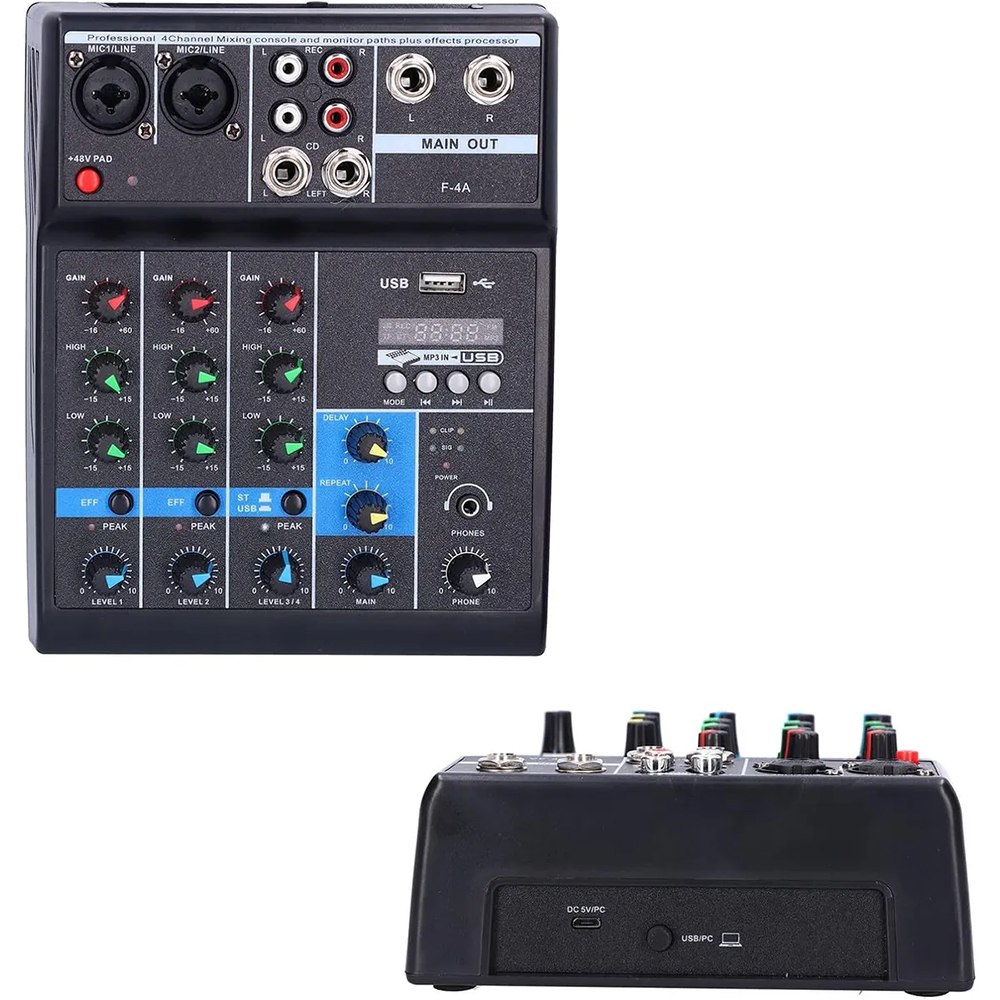 CONSOLA MEZCLADORA DE AUDIO PROFESIONAL F-4A 4 CANALES BLUETOOTH USB PHANTOM +48V TARJETA DE SONIDO – SANTOFA ELECTRONICS S2256 - 4