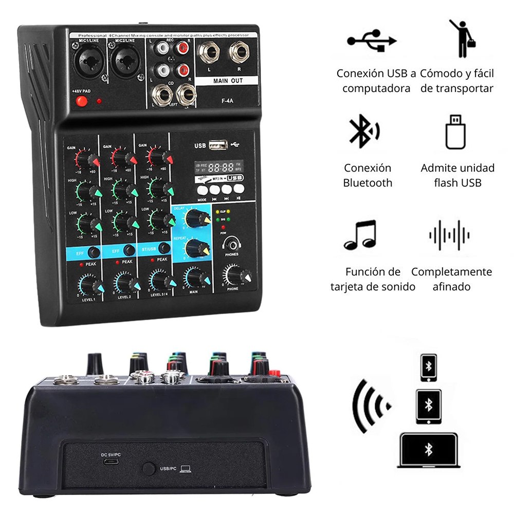 CONSOLA MEZCLADORA DE AUDIO PROFESIONAL F-4A 4 CANALES BLUETOOTH USB PHANTOM +48V TARJETA DE SONIDO – SANTOFA ELECTRONICS S2256 - 5