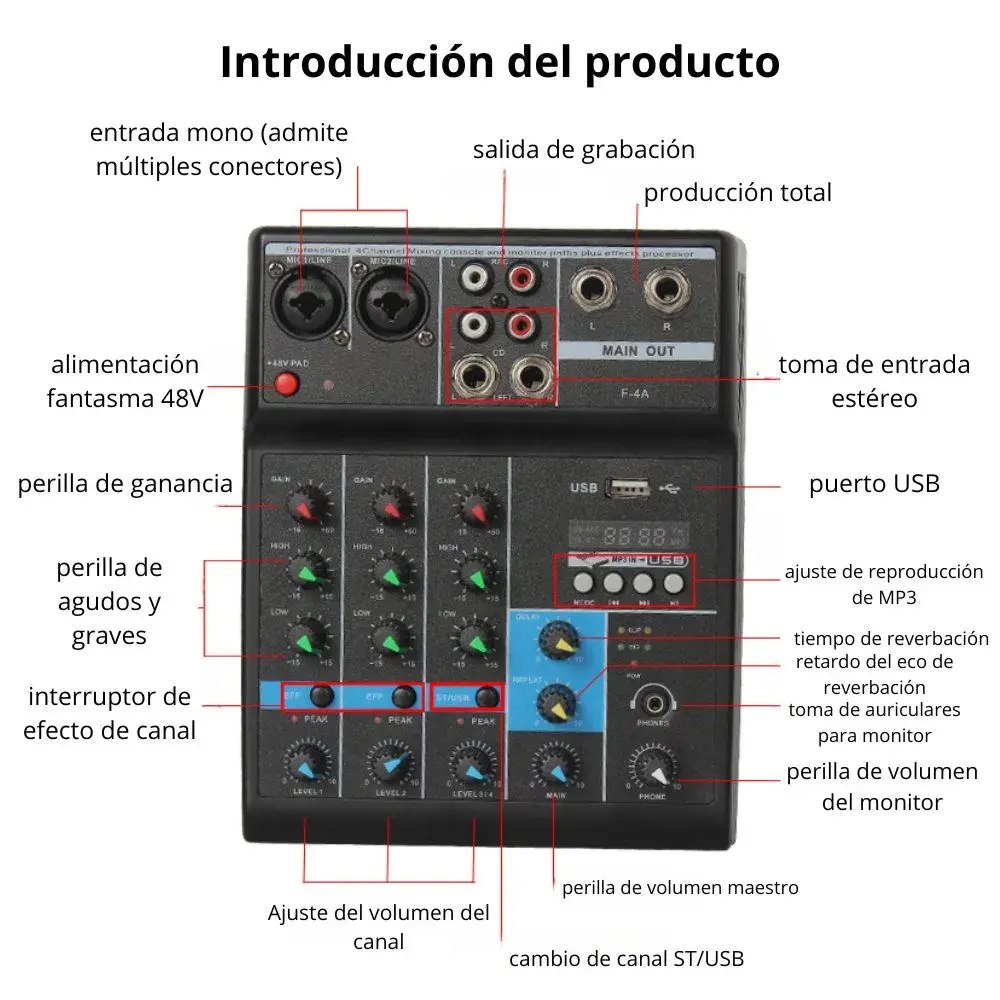 CONSOLA MEZCLADORA DE AUDIO PROFESIONAL F-4A 4 CANALES BLUETOOTH USB PHANTOM +48V TARJETA DE SONIDO – SANTOFA ELECTRONICS S2256 - 6